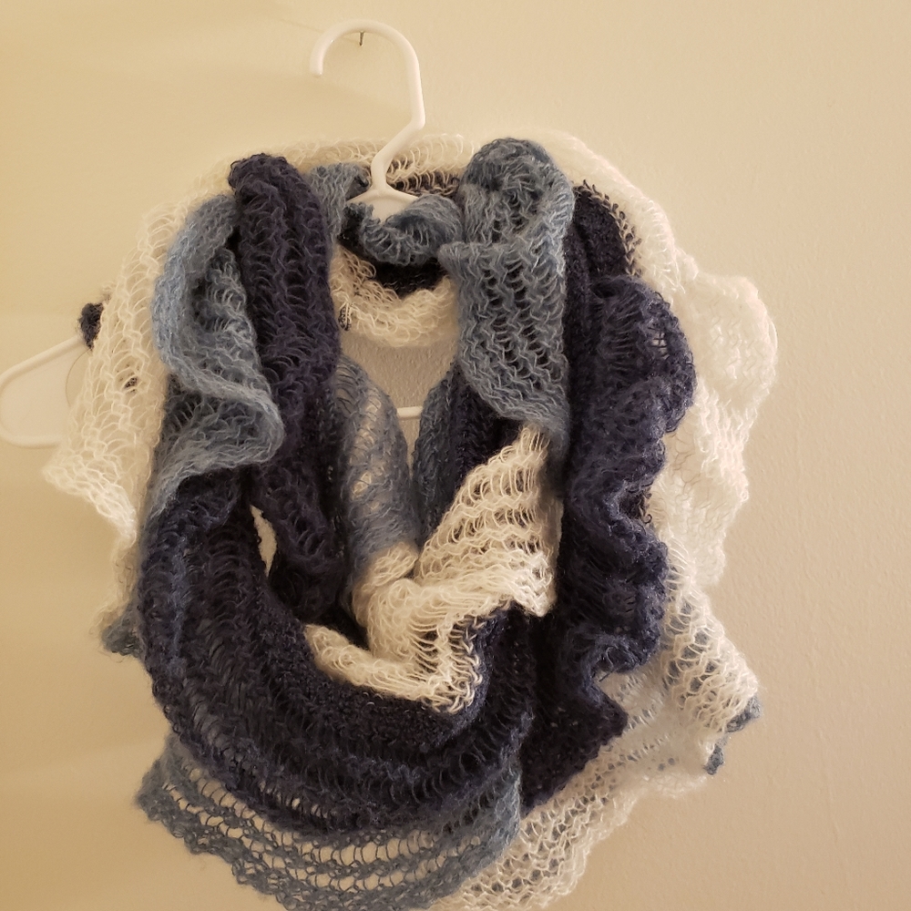 Blue and White Knit Infinity Scarf
